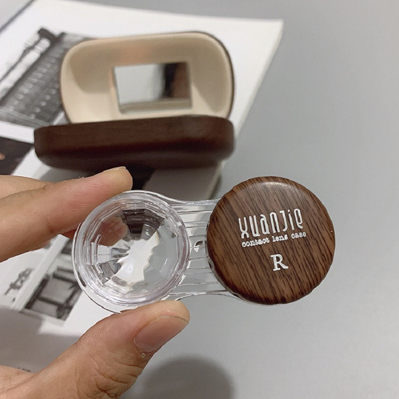 Bőr, fa szemcsés kontaktlencse tok, 4 db szett, kompakt, egyszerű, elegáns szemkontaktus tok utazási hordozható kontaktlencse tok tükörrel