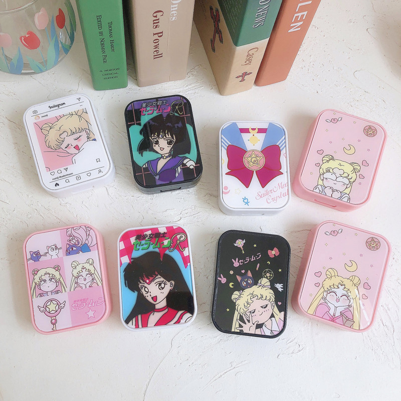 Kutija za kontaktne leće japanske ružičaste serije s zrcalom Spremnik za leće u boji s crtanim filmovima Prijenosni set za putovanja Poklon za pohranu leća