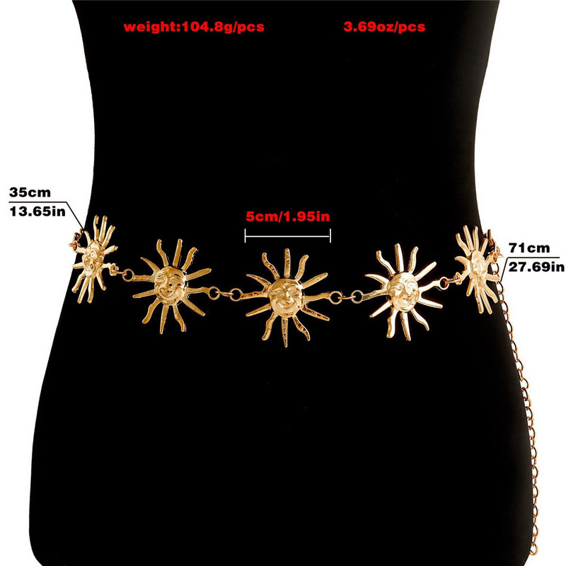 Curele de soare placate cu aur Lanțuri Vintage Harajuku Cureaua cu talie înaltă pentru femei, lanț gotic, mozaic, pandantiv lunar, fete