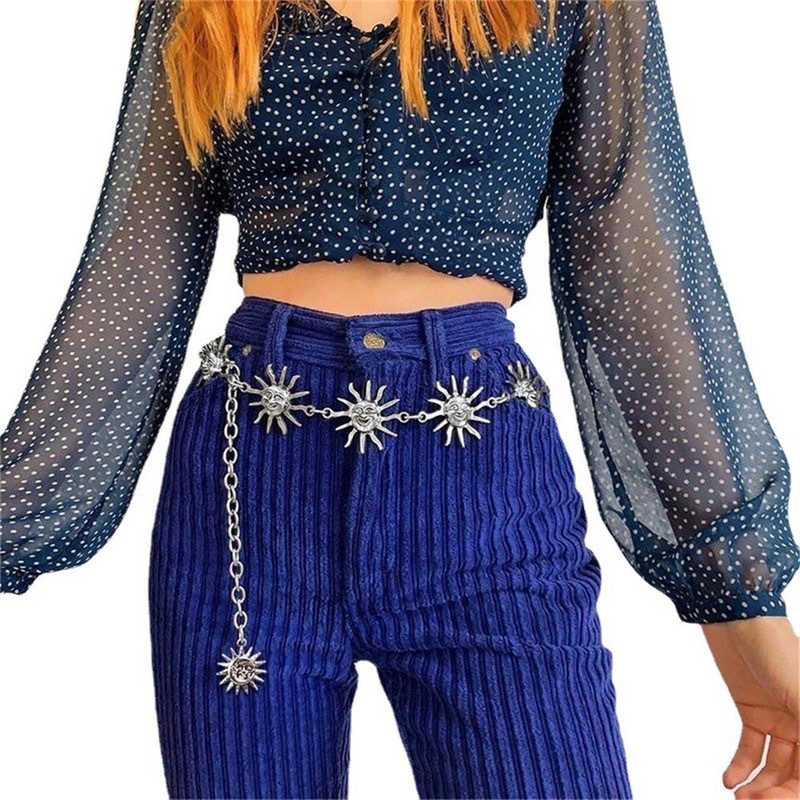 Curele de soare placate cu aur Lanțuri Vintage Harajuku Cureaua cu talie înaltă pentru femei, lanț gotic, mozaic, pandantiv lunar, fete