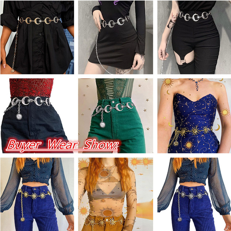 Curele de soare placate cu aur Lanțuri Vintage Harajuku Cureaua cu talie înaltă pentru femei, lanț gotic, mozaic, pandantiv lunar, fete