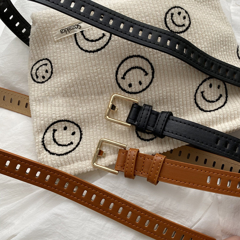 Új női PU bőr öv, teljes lyukas, négyszögletes csatos övek lányoknak Egyszerű retro deréköv Farmer ruha vékony derékpánt