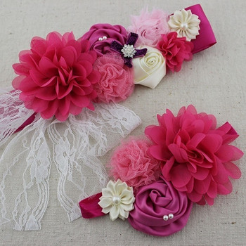 2 τμχ/σετ Μόδα Φύλλα με ασορτί κορδέλα σιφόν Shabby Flower Sash Ζώνη για κορίτσι Flower Sash Ζώνη εγκυμοσύνης