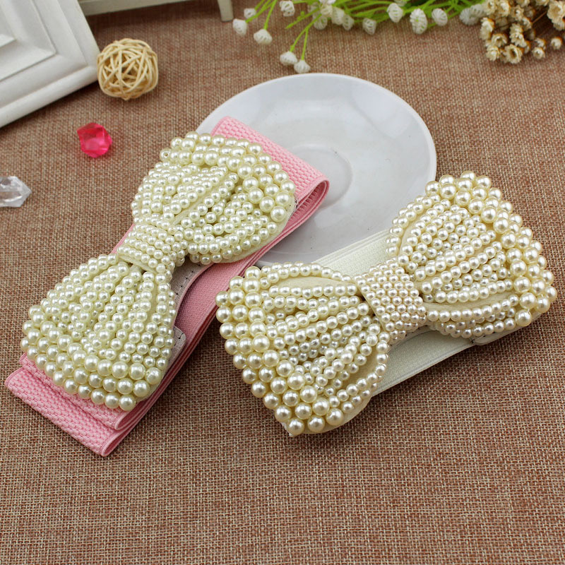 Öv Női Fehér Fekete Öv Divat Női Bowknot Stretch Elasztikus Széles Öv Gyöngy derék övek