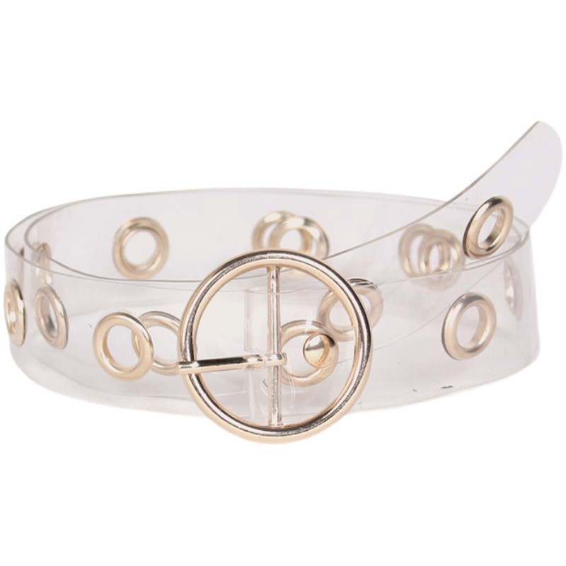 Curele de damă Design de modă, metal auriu, cu cataramă rotundă, pantaloni, curea din plastic, curea din PVC, centuri transparente transparente pentru blugi pentru femei