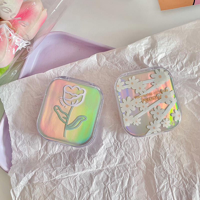 Retro laserlillede kontaktläätsede ümbriskarp peegliga INS värviliste läätsede konteiner tüdrukutele iluläätsede hoiukarbi reisikomplekt