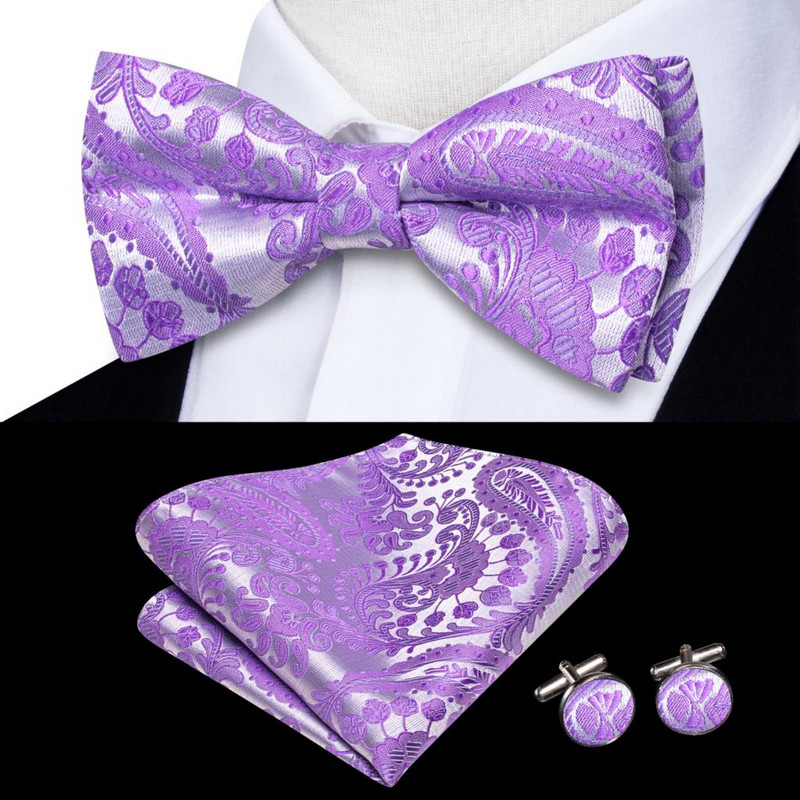 Hi-tie Liliac Violet Mătase Papion pentru bărbați Set de butoni cu papuc Pre-legate Nod fluture Papion Jacquard pentru nunta cadou de afaceri