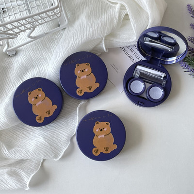 Husă rotundă pentru lentile de contact cu urs drăguț Container pentru lentile pentru femei cu oglindă Set portabil de călătorie Husă pentru ochelari Cadou pentru fete