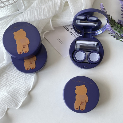 Husă rotundă pentru lentile de contact cu urs drăguț Container pentru lentile pentru femei cu oglindă Set portabil de călătorie Husă pentru ochelari Cadou pentru fete