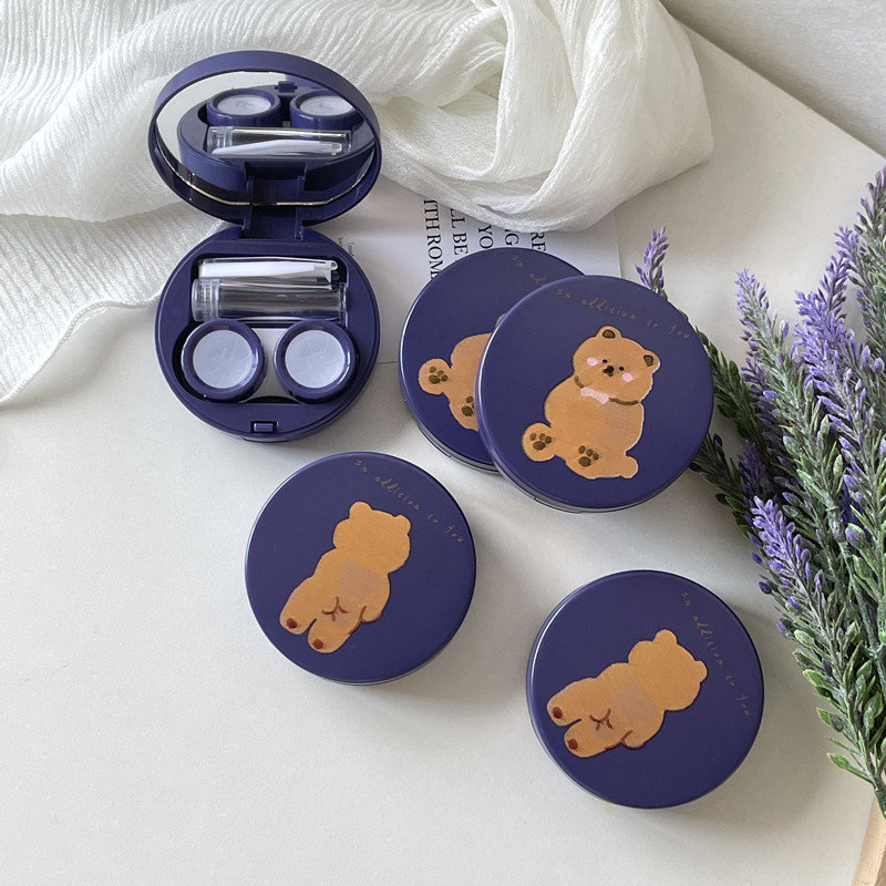 Husă rotundă pentru lentile de contact cu urs drăguț Container pentru lentile pentru femei cu oglindă Set portabil de călătorie Husă pentru ochelari Cadou pentru fete
