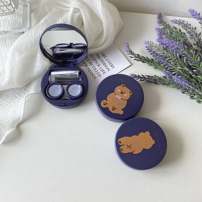Husă rotundă pentru lentile de contact cu urs drăguț Container pentru lentile pentru femei cu oglindă Set portabil de călătorie Husă pentru ochelari Cadou pentru fete