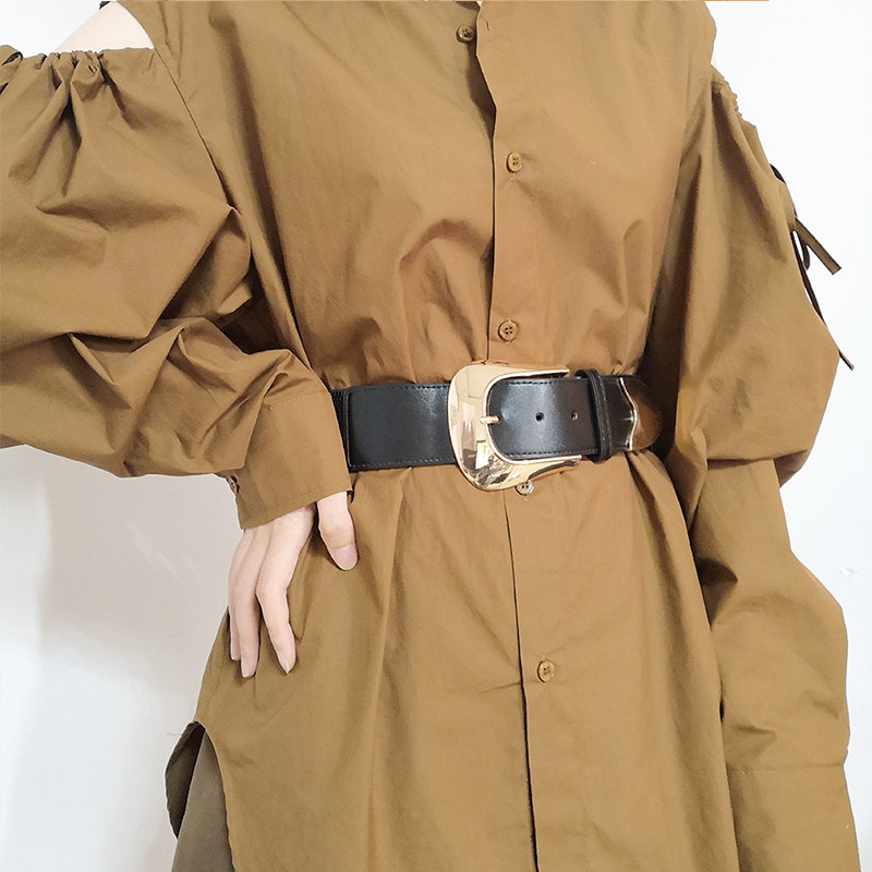 Divatos fém csatos övek női PU bőr fekete széles övvel állítható női ruha kabát öv női derékpánt