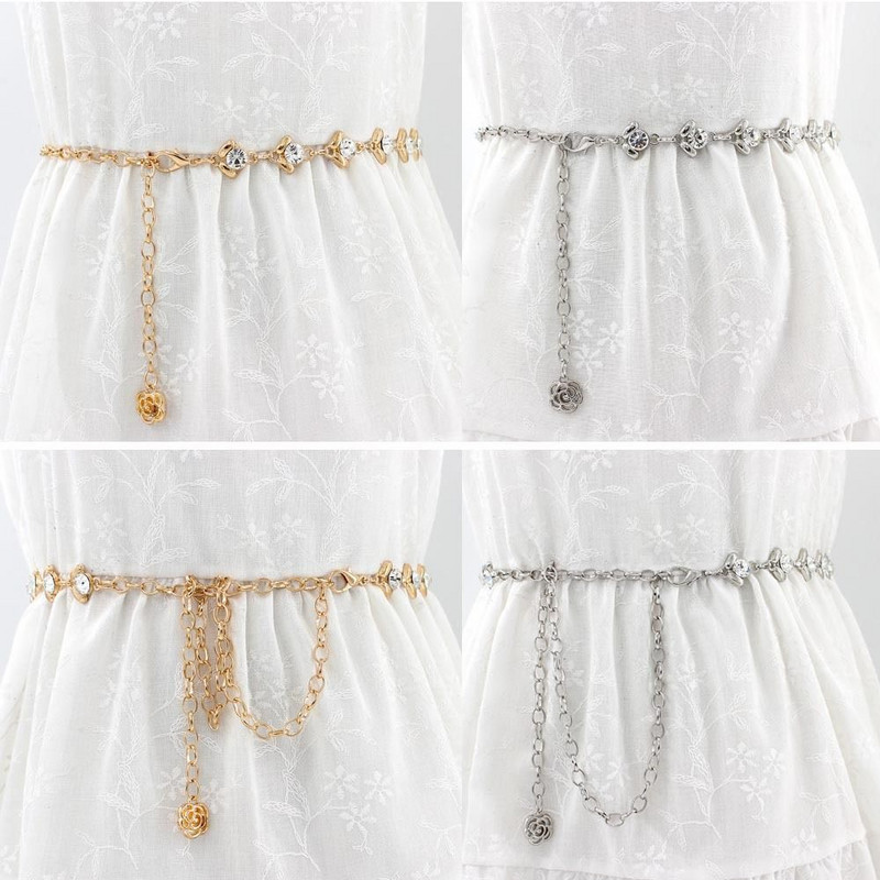 Ženski elegantni kristalno zlatno srebrni metalni lančani remen Ženski vještački dijamant Tanki tanki dugi remen Bling sjajna ženska haljina Dekorirani pojas