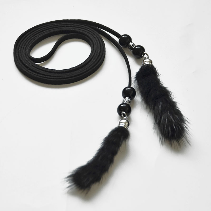 Divlji raznobojni ručno izrađeni pliš od pravog krzna, tkani tanki remen od užeta u struku, pojas za haljinu, lančići za uski struk bg-454