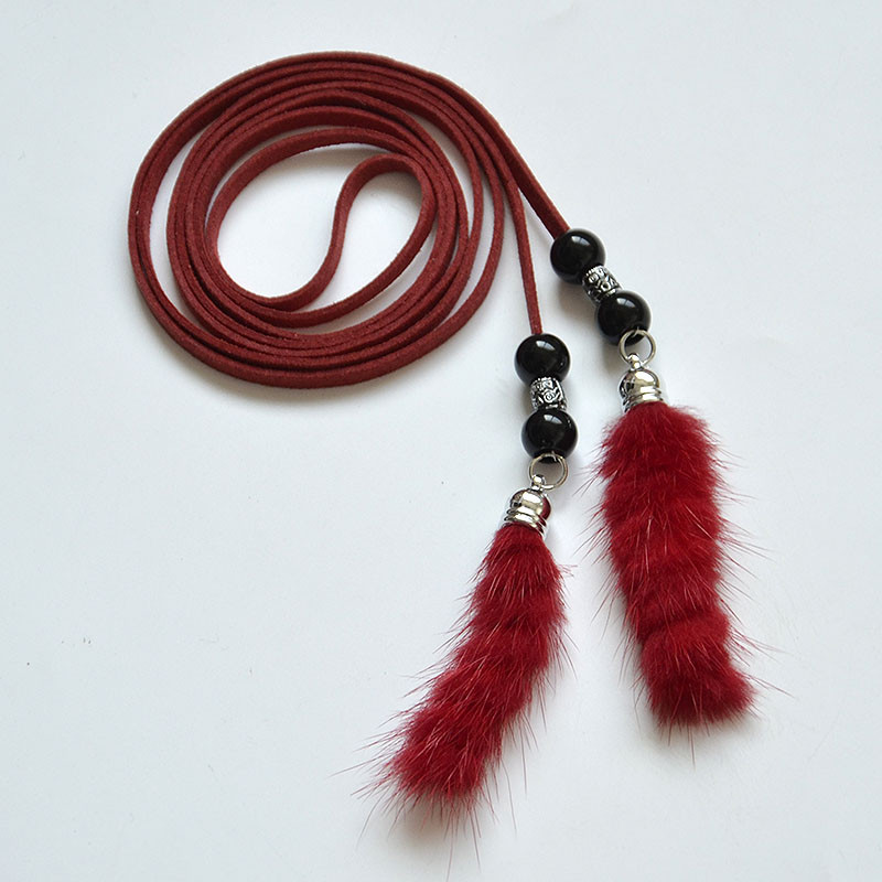 Divlji raznobojni ručno izrađeni pliš od pravog krzna, tkani tanki remen od užeta u struku, pojas za haljinu, lančići za uski struk bg-454