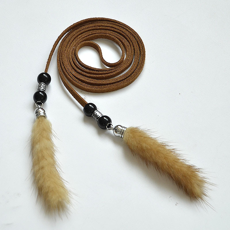 Divlji raznobojni ručno izrađeni pliš od pravog krzna, tkani tanki remen od užeta u struku, pojas za haljinu, lančići za uski struk bg-454