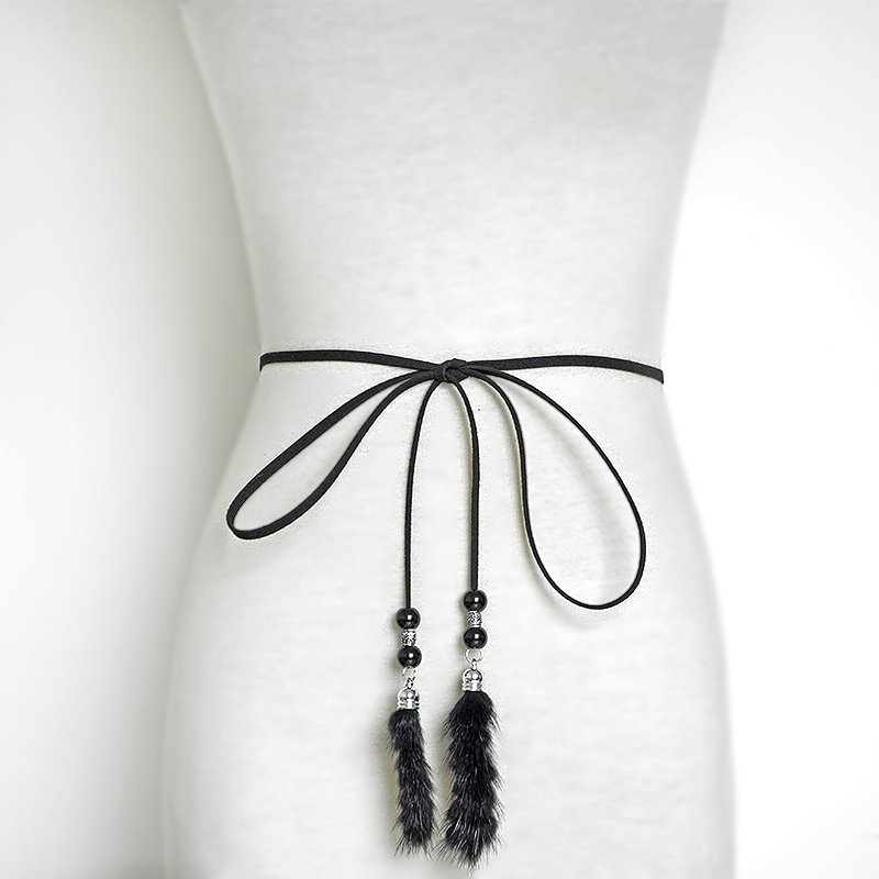 Divlji raznobojni ručno izrađeni pliš od pravog krzna, tkani tanki remen od užeta u struku, pojas za haljinu, lančići za uski struk bg-454