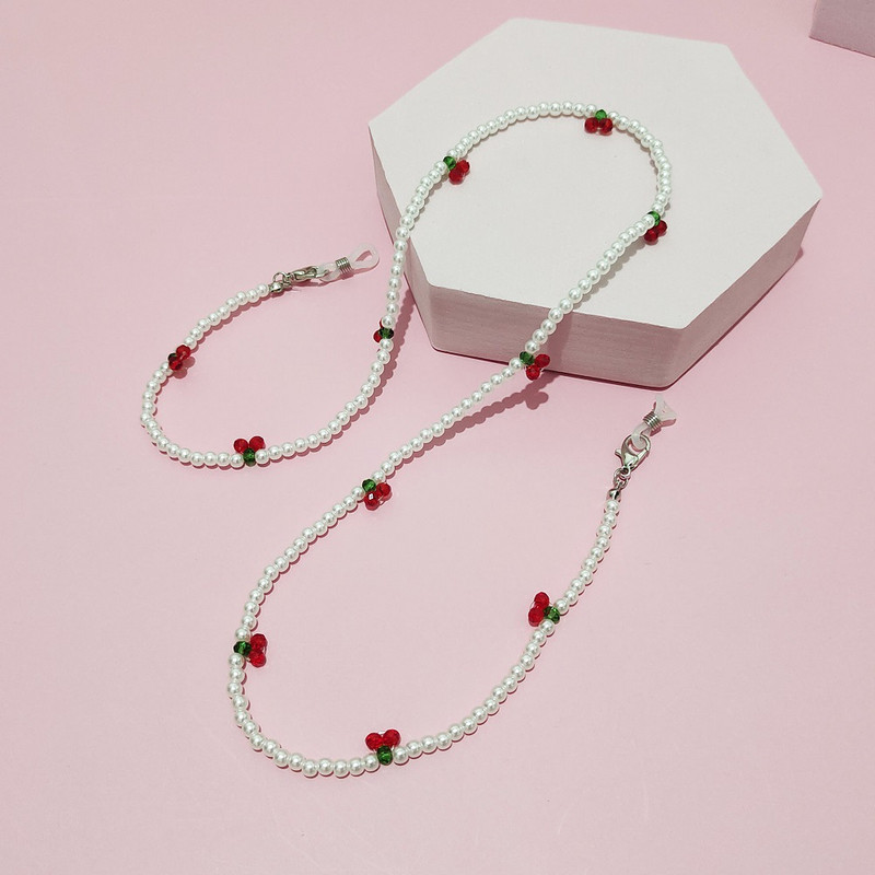 Cherry Beads Mask Chain γυαλιά ηλίου Αλυσίδες κάλυψης Αλυσίδες γυαλιών γυαλιών για γυναίκες Ρετρό μεταλλικά γυαλιά ηλίου Κορδόνια γυαλιά θήκη για κορδόνι