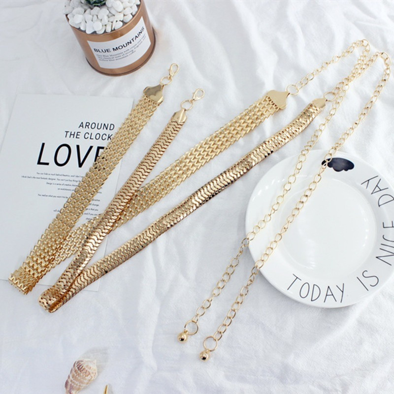 Ženski modni remen Visoki struk oko bokova Zlatno srebrni Uzak metalni lanac Zdepaste rese Metalna kuka Lanac od perli oko struka