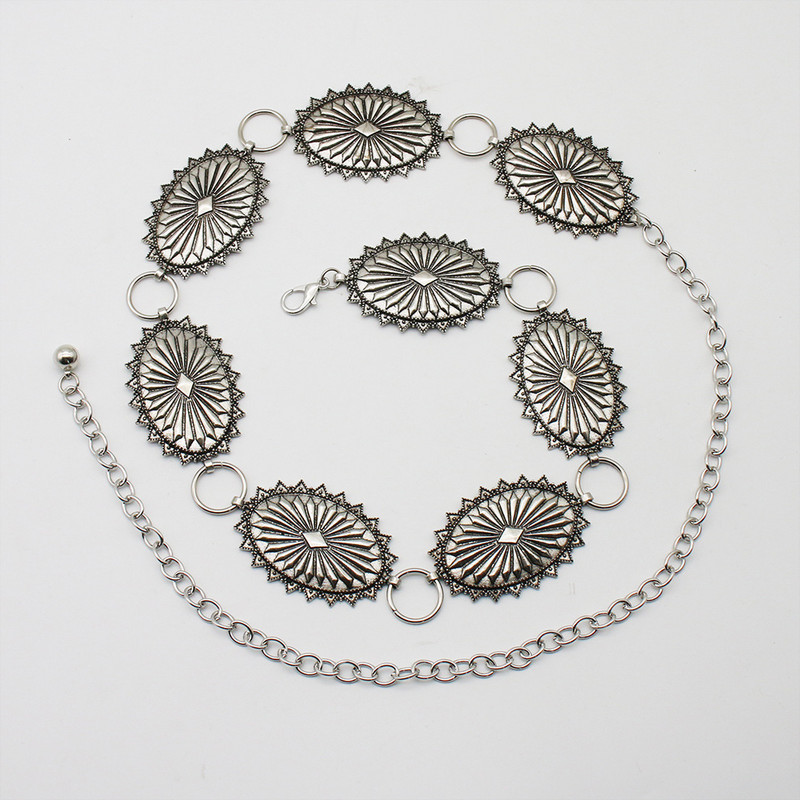 Concho pojas Western karika pojas za žene Vintage srebrna završna obrada pojas s lančićem oko struka s kamenim boho dodacima za kaubojsku haljinu