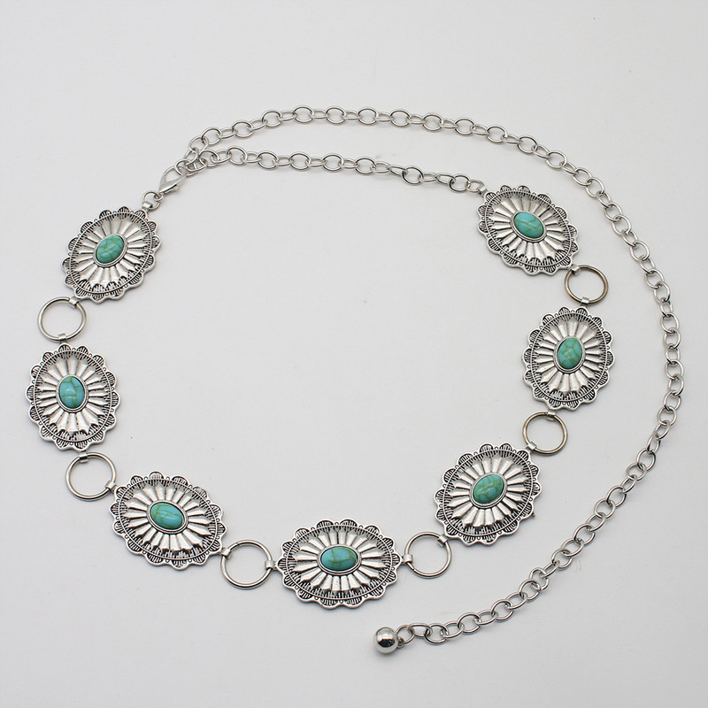 Concho pojas Western karika pojas za žene Vintage srebrna završna obrada pojas s lančićem oko struka s kamenim boho dodacima za kaubojsku haljinu