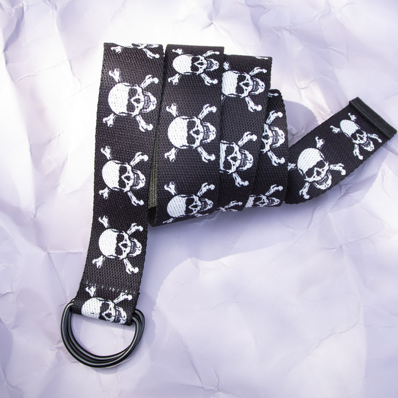 Curea de modă cu craniu pentru femei, la modă, hip hop, punk, accesorii pentru blugi, inel dublu, cataramă D, centură de pânză pentru femei