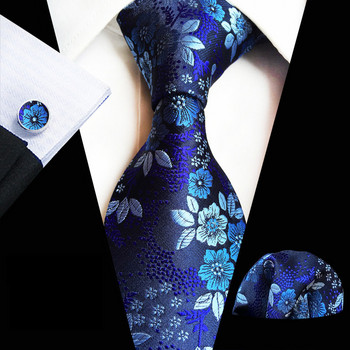 Мъжки 8 CM флорални копринени вратовръзки Комплект копчета за ръкавели Сватбено парти Бизнес вратовръзки Комплект носни кърпи