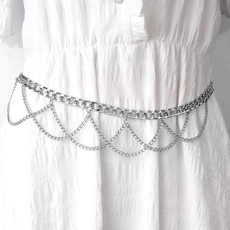 Cureaua de femei din metal auriu argintiu simplu, pandantiv cu ciucuri, lanțuri cu mai multe straturi, centură punk, rochie sălbatică, curele reglabile