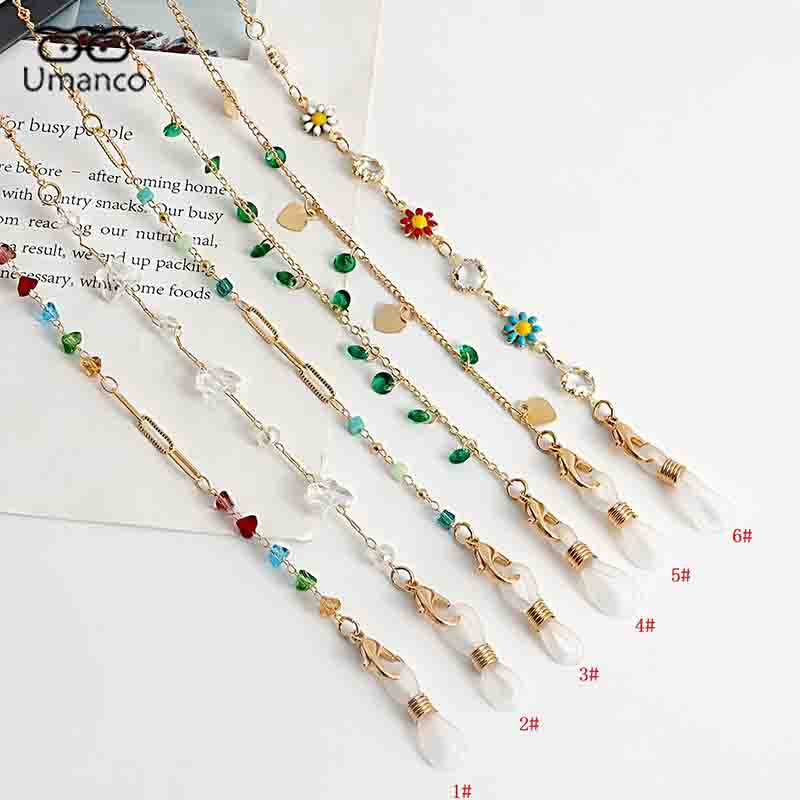 76 cm zlatni cvijet tratinčice, kristalne perle, privjesak, lančići za naočale za žene protiv klizanja, viseći držač za masku oko vrata, lančić za sunčane naočale