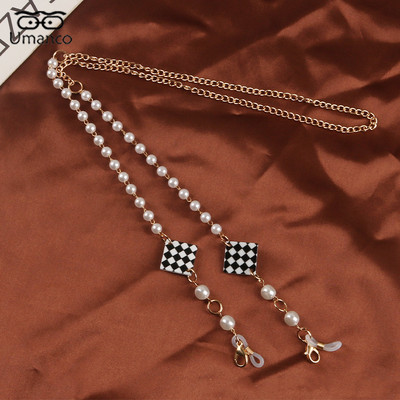 83 cm madinga juodai balta languota kaukė akinių grandinėlė moterims, neslysta, pakabinama ant kaklo, akiniai nuo saulės, dirželiai, auksiniai perlai