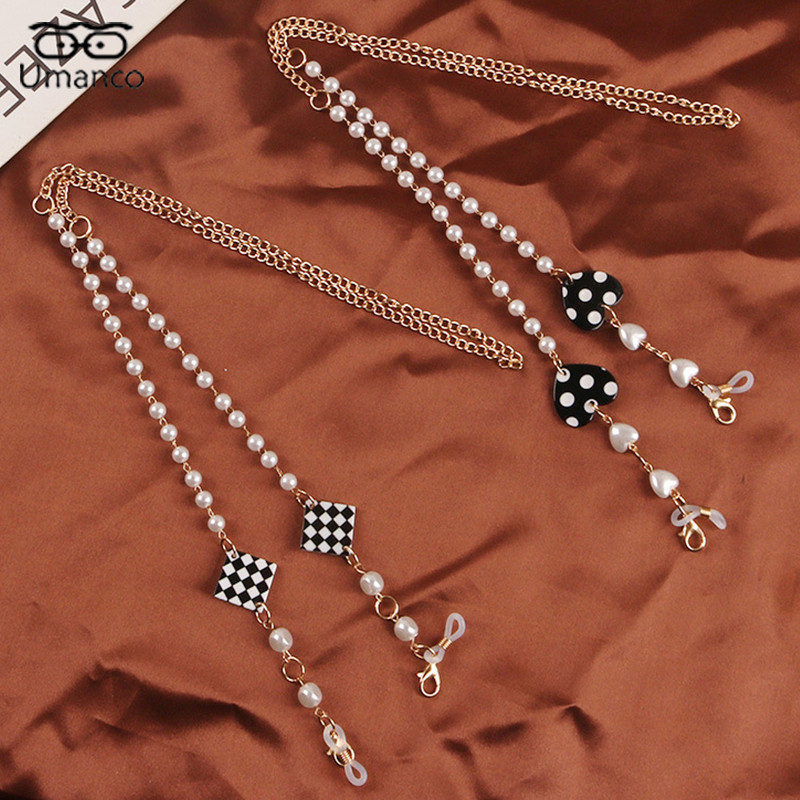 83 cm madinga juodai balta languota kaukė akinių grandinėlė moterims, neslysta, pakabinama ant kaklo, akiniai nuo saulės, dirželiai, auksiniai perlai