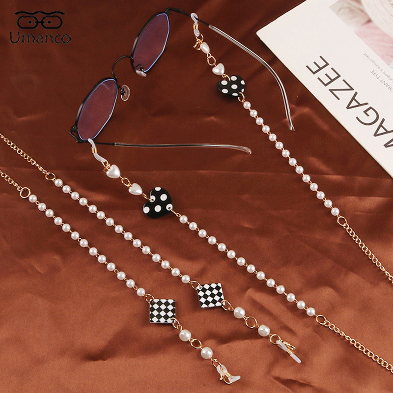 83 cm madinga juodai balta languota kaukė akinių grandinėlė moterims, neslysta, pakabinama ant kaklo, akiniai nuo saulės, dirželiai, auksiniai perlai