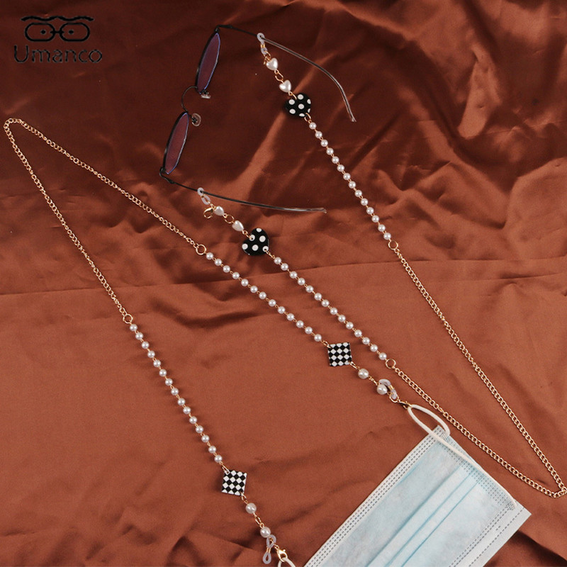 83 cm madinga juodai balta languota kaukė akinių grandinėlė moterims, neslysta, pakabinama ant kaklo, akiniai nuo saulės, dirželiai, auksiniai perlai