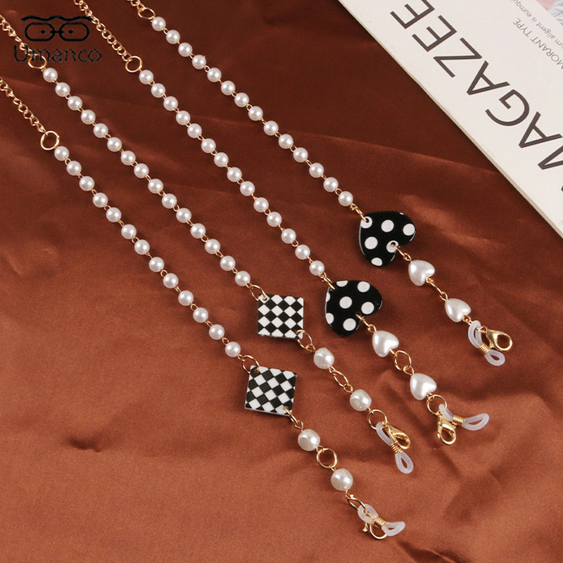 83 cm madinga juodai balta languota kaukė akinių grandinėlė moterims, neslysta, pakabinama ant kaklo, akiniai nuo saulės, dirželiai, auksiniai perlai