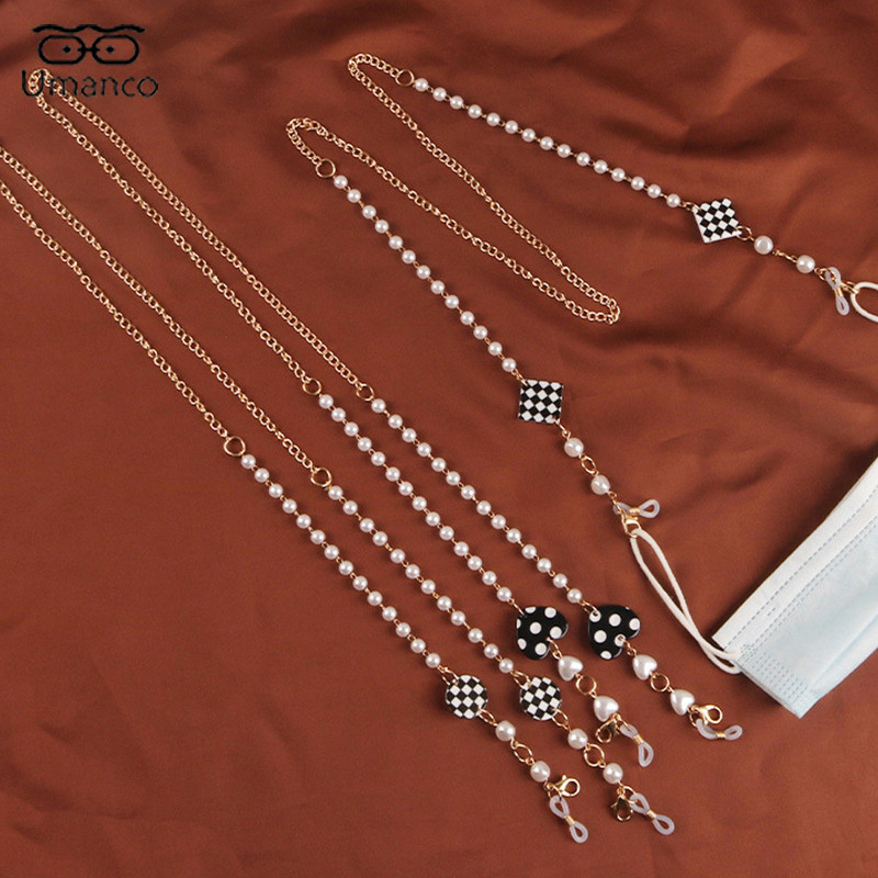 83 cm madinga juodai balta languota kaukė akinių grandinėlė moterims, neslysta, pakabinama ant kaklo, akiniai nuo saulės, dirželiai, auksiniai perlai