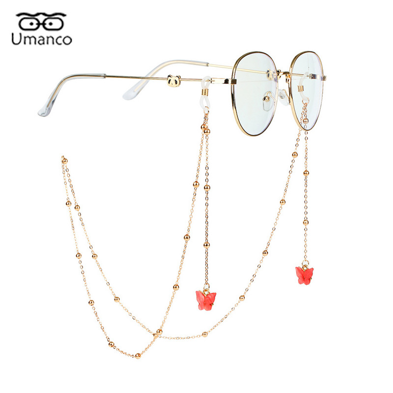 Lanțuri de ochelari de aur de modă nouă cu pandantiv fluture animal colorat, ochelari de vedere, lanț de mărgele, ochelari de soare, bijuterii