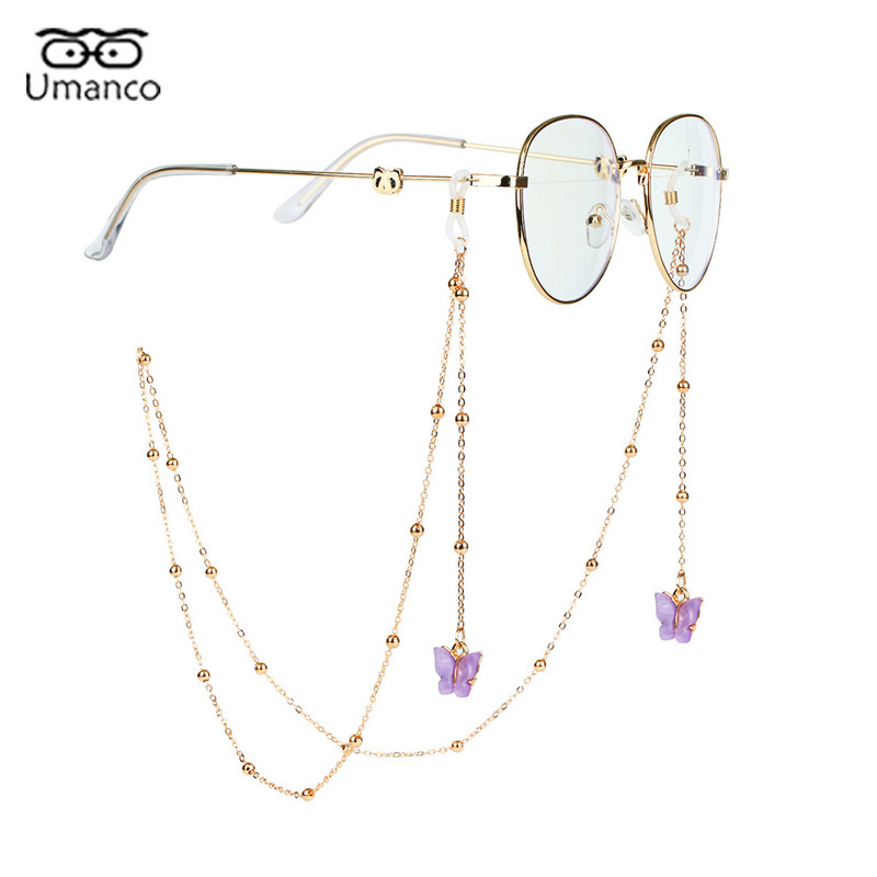 Lanțuri de ochelari de aur de modă nouă cu pandantiv fluture animal colorat, ochelari de vedere, lanț de mărgele, ochelari de soare, bijuterii