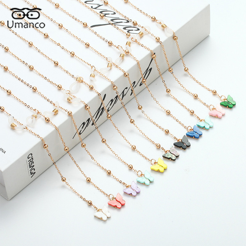 Lanțuri de ochelari de aur de modă nouă cu pandantiv fluture animal colorat, ochelari de vedere, lanț de mărgele, ochelari de soare, bijuterii