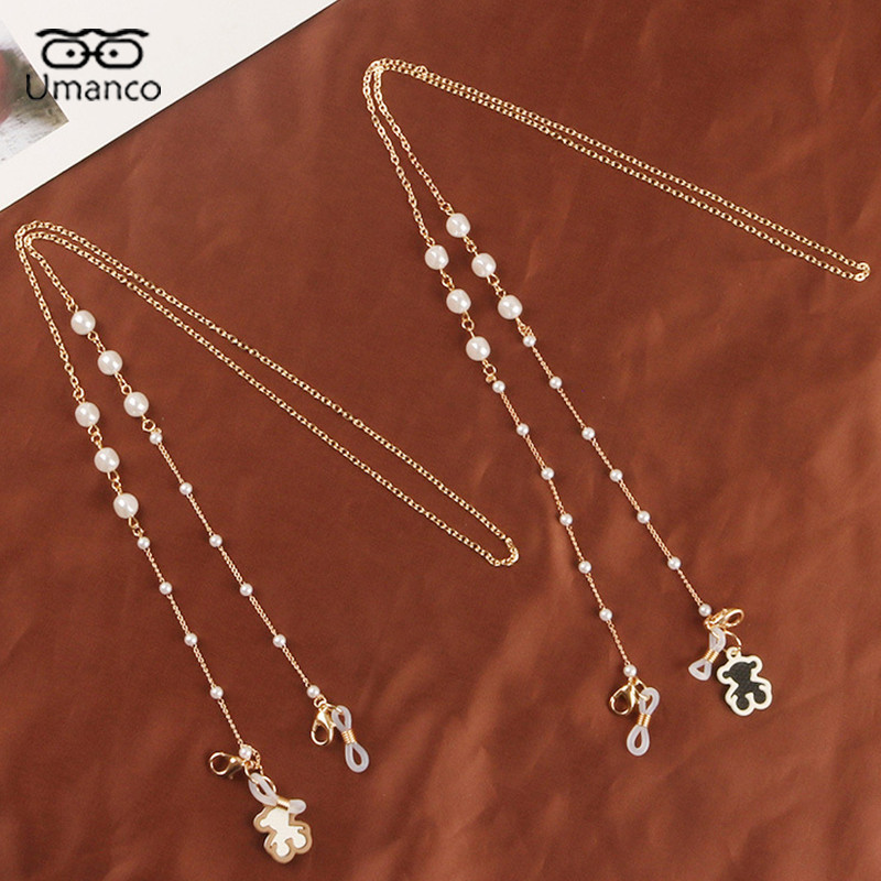 Pandantiv urs drăguț Lanț de ochelari de aur pentru femei Ochelari de soare Măști de față Suport pentru snur Anti-alunecare Gât agățat cu mărgele pentru ochelari Srap