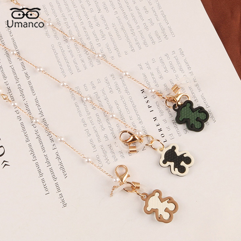 Pandantiv urs drăguț Lanț de ochelari de aur pentru femei Ochelari de soare Măști de față Suport pentru snur Anti-alunecare Gât agățat cu mărgele pentru ochelari Srap