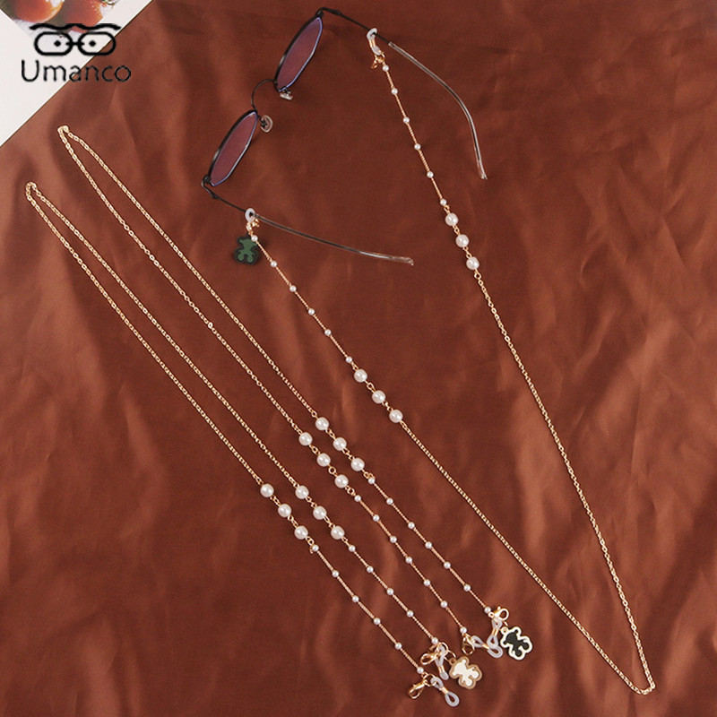 Pandantiv urs drăguț Lanț de ochelari de aur pentru femei Ochelari de soare Măști de față Suport pentru snur Anti-alunecare Gât agățat cu mărgele pentru ochelari Srap