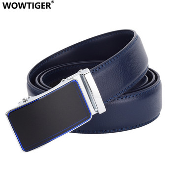 WOWTIGER син цвят 3,5 см ширина каишка от телешка кожа Мъжки колан Автоматична катарама Регулируема висококачествена луксозна марка колани за мъже