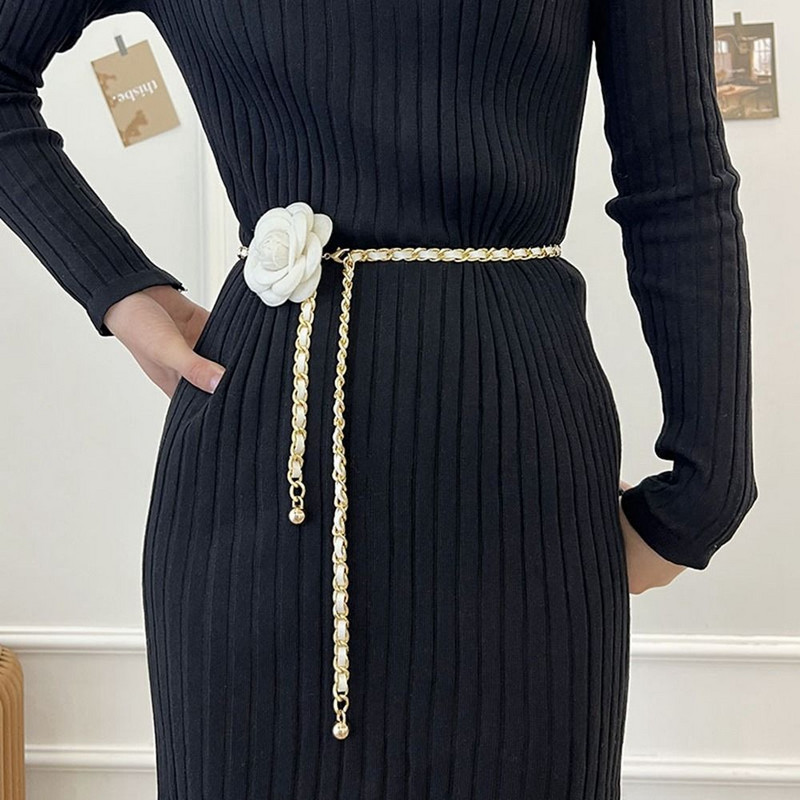 Lanac oko struka Camellia Vintage temperament Mali mirisni stil Metalni kožni lančani pojasevi za žene Biserni pojasevi oko struka