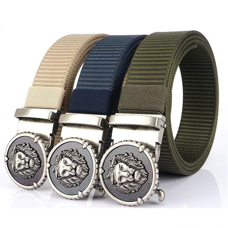 SupSindy Muški najlonski remen Luksuzni zlatni lavovi Metalni platneni pojasevi s automatskom kopčom za muškarce Modni traperice Pojas Crni muški remen