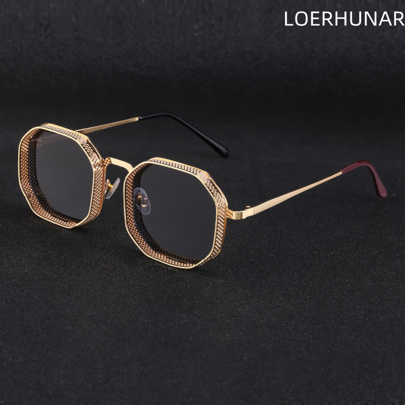 Divat Retro Steampunk napszemüvegek Férfi fém üreges sokszögű nagy keretű, fejlett női UV és sugárzás elleni napszemüvegek