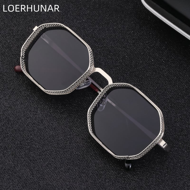 Divat Retro Steampunk napszemüvegek Férfi fém üreges sokszögű nagy keretű, fejlett női UV és sugárzás elleni napszemüvegek