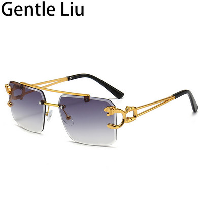 Vintažiniai kvadratiniai akiniai nuo saulės, moteriški 2023 m. Prabangūs prekės ženklo berėmiai akiniai nuo saulės vyrams Leopardiniai akiniai Lunette De Soleil Homme