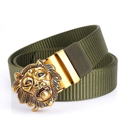 SupSindy Cureaua de nailon pentru bărbați, cu leu de lux, auriu, cu cataramă automată din metal, curele de pânză pentru bărbați, blugi la modă, curea neagră pentru bărbați