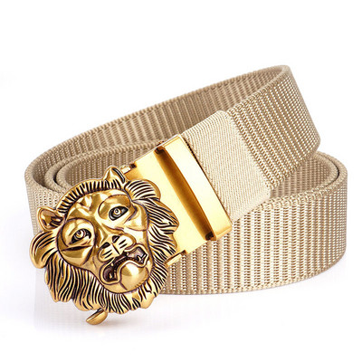 SupSindy Cureaua de nailon pentru bărbați, cu leu de lux, auriu, cu cataramă automată din metal, curele de pânză pentru bărbați, blugi la modă, curea neagră pentru bărbați