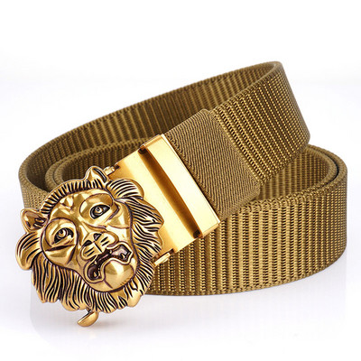 SupSindy Cureaua de nailon pentru bărbați, cu leu de lux, auriu, cu cataramă automată din metal, curele de pânză pentru bărbați, blugi la modă, curea neagră pentru bărbați